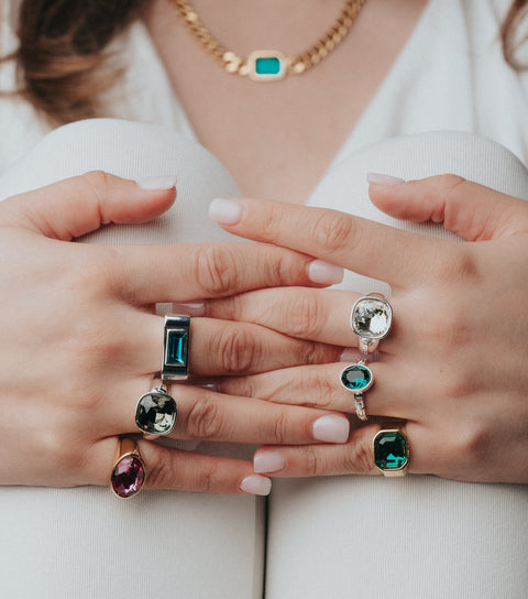 gold emerald green and black stone chunky rings