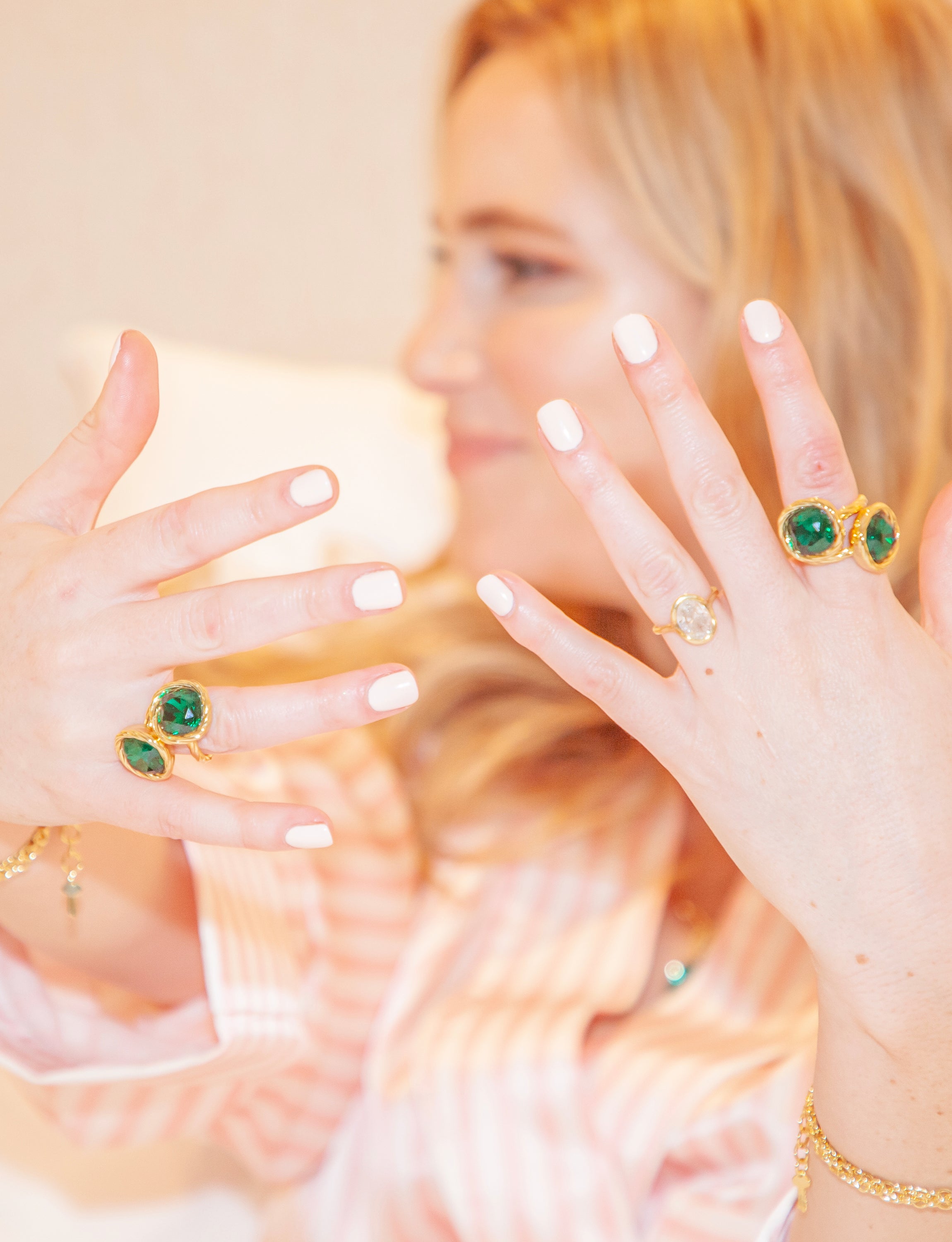 Green Stone Braided Gold Ring