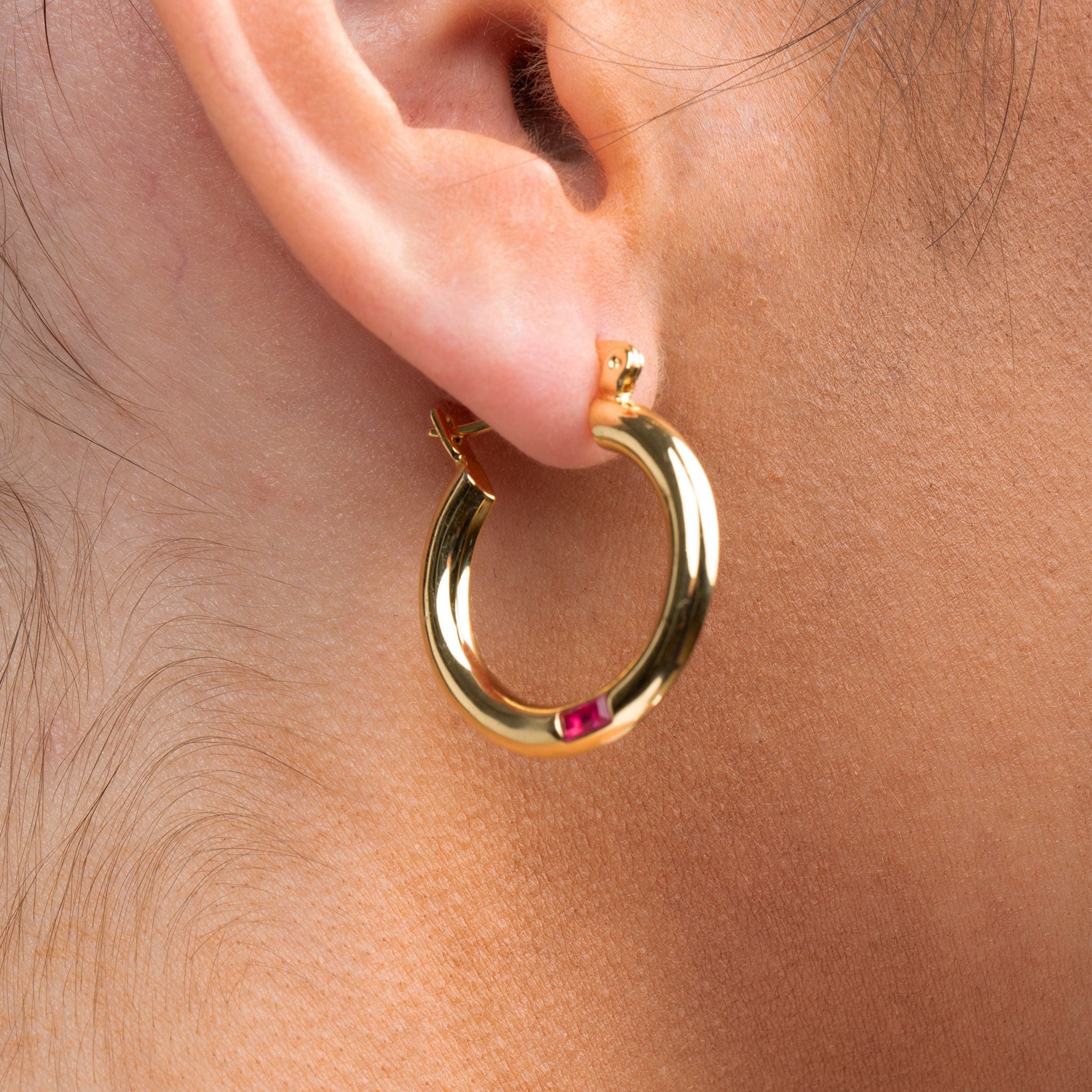 Hot Pink Gold Hoop Earrings with Stone