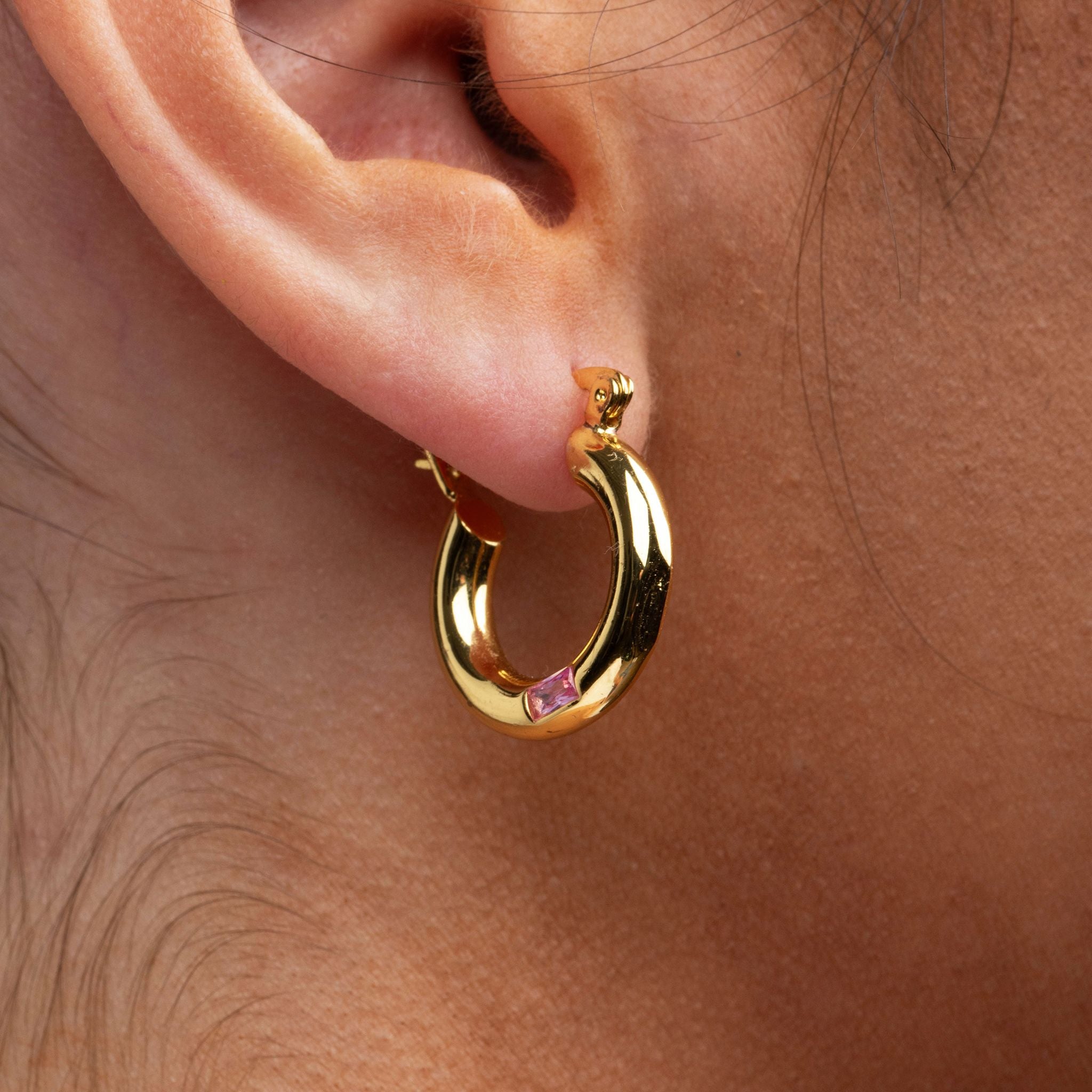 Small Light Pink Stone Gold Hoop