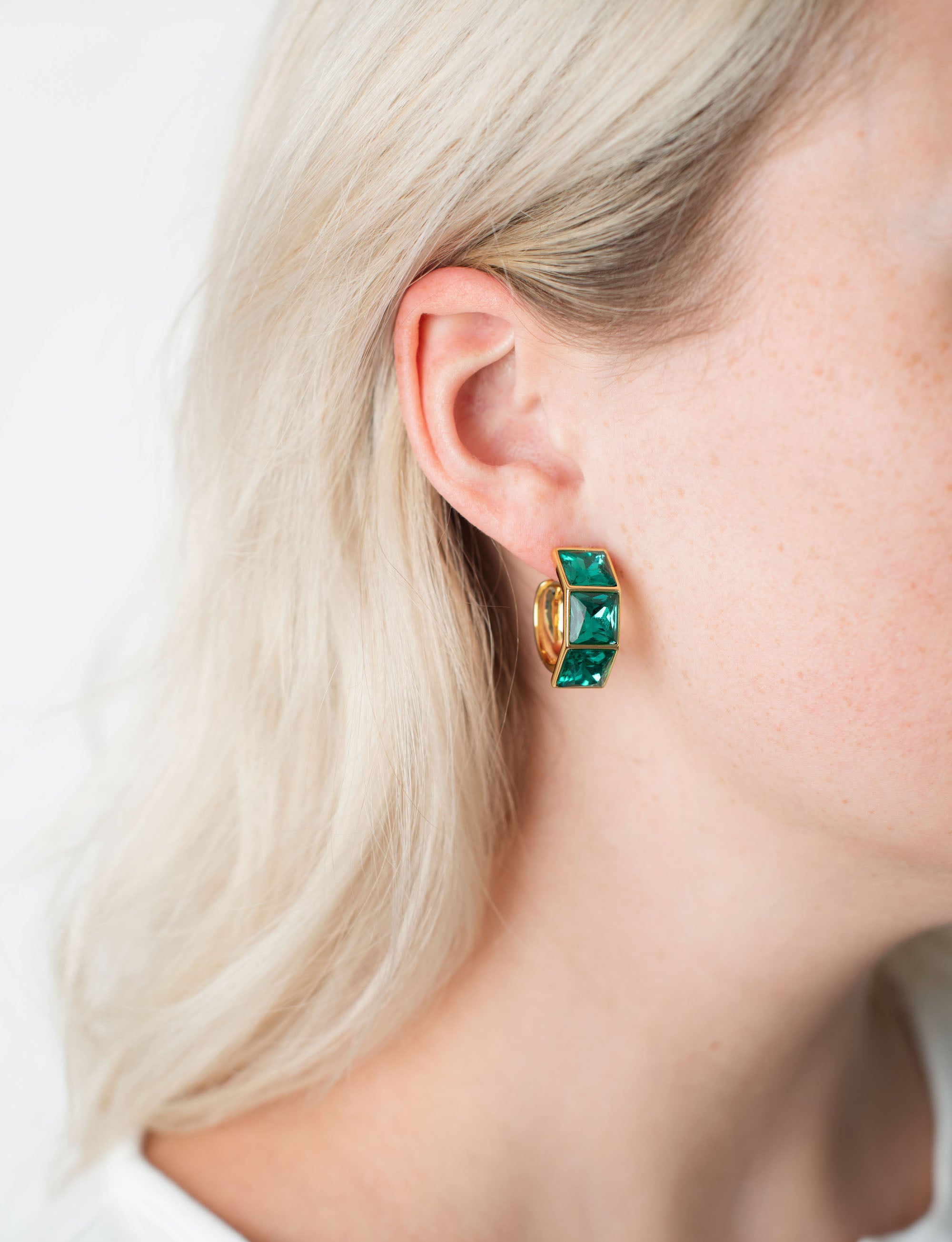 Emerald 3-Stone Hoop Earrings