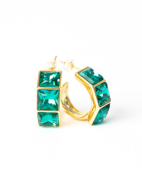 3-Stone Hoop Earrings in Emerald Green