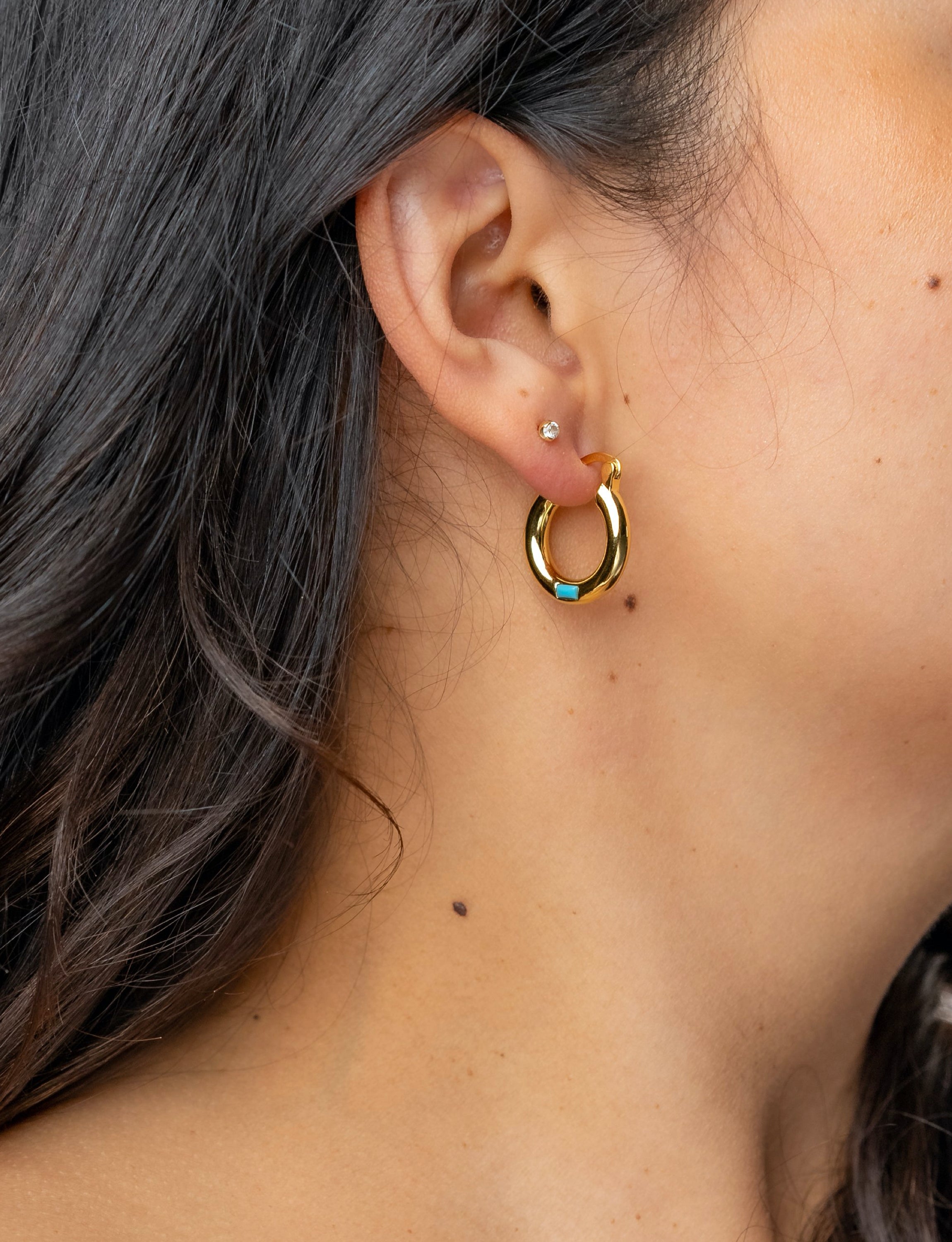 Small Turquoise Stone Gold Hoop Earrings