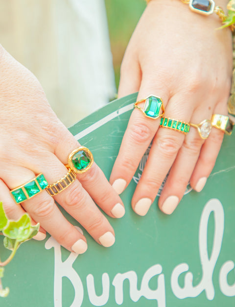 Green Stone Braided Gold Ring